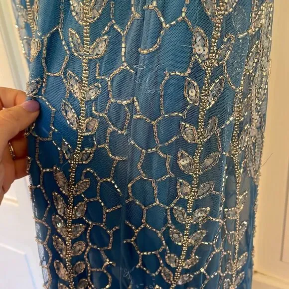 Adrianna Papell blue embellished beaded overlay mermaid occasion dress 12